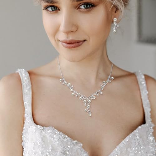 Image of White Faux Pearl Leaf Vine Bridal Cubic Zirconia Jewelry Set for Women | Wedding Party Necklace Earrings for Bridesmaid Bride