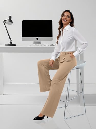 Womens Dress Pants Wide Leg Stretchy Work Pants with Pockets Elastic Waist Pleated Front Business Casual Slacks4