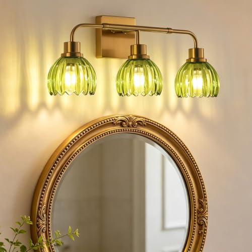 Image of Ralbay Vintage Bathroom Light Fixtures,Gold Bathroom Vanity Light,Matte Antique Brass Finish with Green Crystal Glass Shade,Wall Sconces Lighting for Bedroom,Living Room,Hallway(3-Light)
