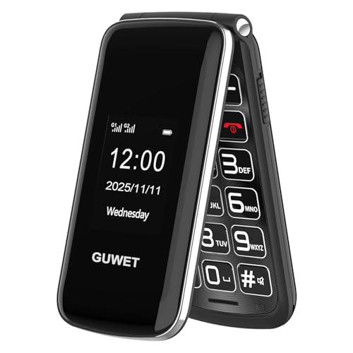 Guwet 2G Teléfono Móvil para Personas Mayores, Móvil con Tapa, Botón SOS, Batería de 1600 mAh, 2.4'+1.77' Doble Pantalla, Doble SIM con Doble Standby, Color Negro.