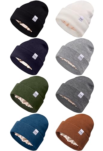 FEQO 8 Pack Satin Lined Winter Beanie Soft Silk Lined