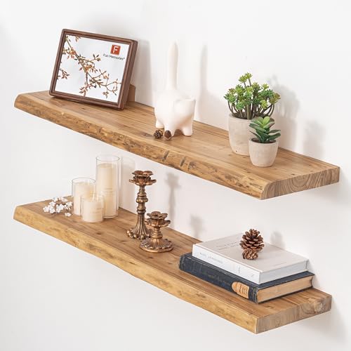 Floating Shelves for Wall, 36"x9.3" Rustic Solid Live-Edge Elm Wood