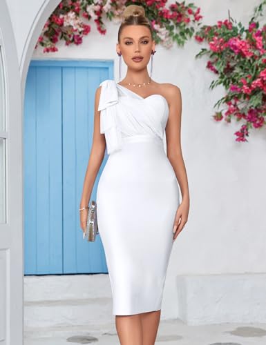 Image of Mesh One Shoulder Bow Bodycon Midi Graduation Birthday Dinner Dress Bandage Party Dress