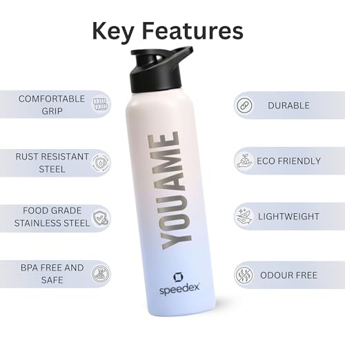 Image of Speedex Engraved Name Stainless Steel Sipper Water Bottle 1 Ltr - Customised Personalised Bottle for Kids & Adults, School, Gym, Sports, Black, Set of 1 (Pink Blue, Set Of 1)