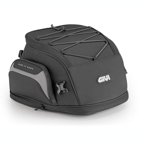 GIVI Bolsa de sillín para moto EASY08 19-23L extensible con cubierta impermeable y fijación con correas – Negro