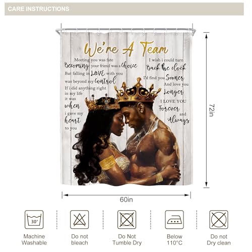 Image of Riyidecor African American Shower Curtain Black King and Queen Afro Romantic Couple 60Wx72H Inch Rustic Vintage Wood Board Inspirational Quote Fabric Decor Bathroom Polyester Waterproof Hooks