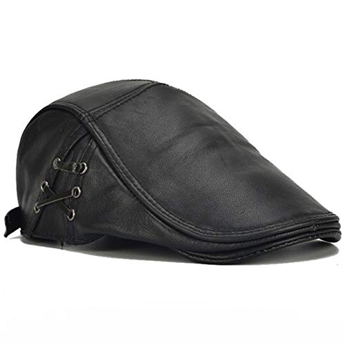 Jnket Real Cow Leather Men Women Flat Cap Winter Newsboy Hat Windproof Cowboy Hat (01-Black) #TOP1