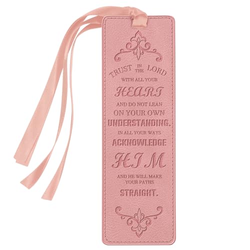 FINPAC Leather Bible Bookmarks, Vegan Religious Bookmarks, Bible Verse Book Markers Church Gifts for Women Men [Trust in The Lord with All Your Heart] - Pink