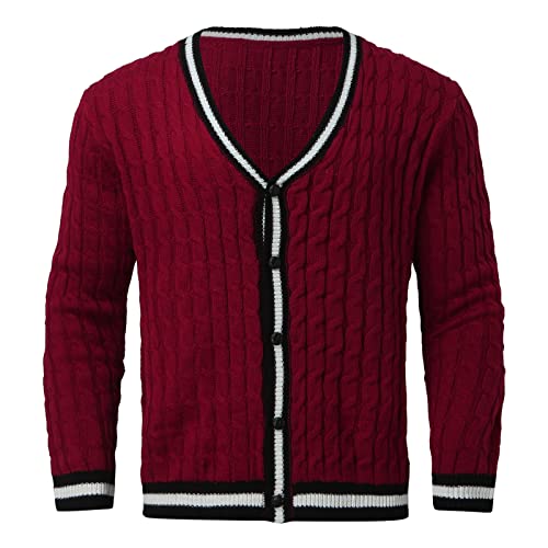 Men's Vintage Striped Long-Sleeve Cardigan Sweater V Neck Button Down Knitted Sweater With Pockets(Red,Large) #TOP1