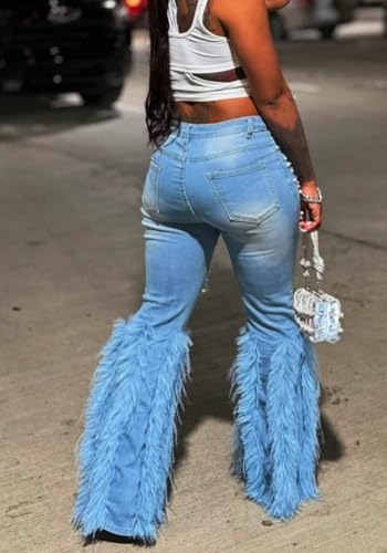 Vaceky Ripped Flared Jeans Women Stretch Bell Bottoms Feather Pearl Denim Pants4