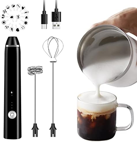 Rechargeable Milk Frother Handheld Electric Foam Maker with Stainless Whisk 3 Speed for Bulletproof Coffee Latte Cappuccino Hot Chocolate Black Extra 16 Pcs Art Stencils