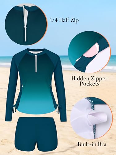 Image of Girls Rash Guard Swimsuit Long Sleeve Swim Shirt with Pockets UPF 50+ 7-16Y