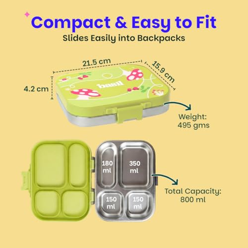 Image of Basil Bento Box Quad - 4 Compartment Stainless Steel Lunch Box with BPA-Free Plastic Lid | 800 ml Leak-Proof Tiffin Box for Kids & Adults | Premium School, Office, Lunch Box - Mushroom Trail
