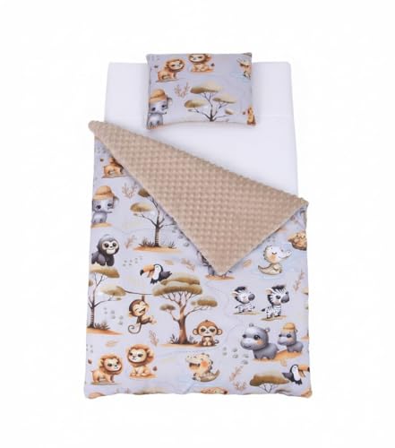 Babylux Babydecke 75x100 cm mit Kissen 30x35 cm – Kuscheldecke aus Minky & Baumwolle – Krabbeldecke für Kinderwagen, Babybett & Spielgruppe (K149 - Beige + Dschungel)