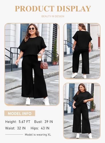 Eytino Womens Plus Size Sweatsuits Casual Short Sleeve Tops High Waist Wide Leg Pants 2 Piece Tracksuit Lounge Sets(1X-5X)3
