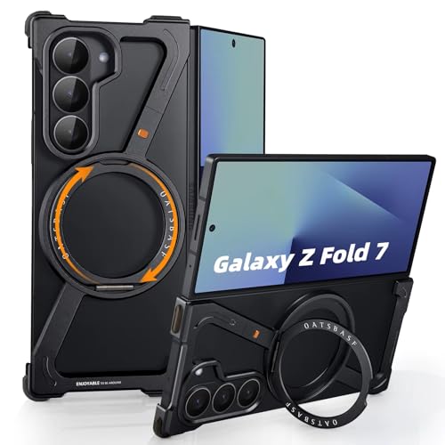 Image of Z Shaped Metal Frameless Phone Case for Samsung Galaxy Z Fold 7 with Wireless Charging | Minimalist Bezel Less with 360 Magnetic Ring Kickstand (Black)