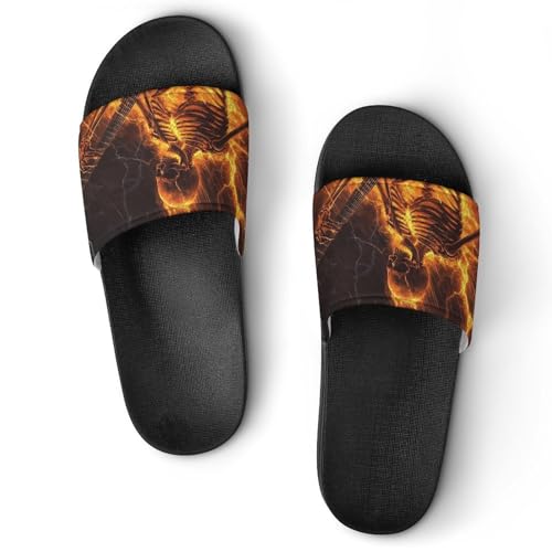 Skeleton Playing An Electric Guitar in Fire PVC Slippers Sandals for Women Men Open Toe Soft Cushioned Non-Slip Sandal for Indoor Outdoor