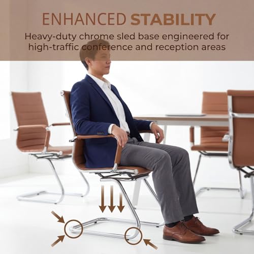 Image of Conference Room Chairs Set of 6, Waiting Room Chairs with Arms, Faux Leather Reception Chairs No Wheels, Office Guest Chairs with Mid Back Support and Chrome Sled Base, Cafe