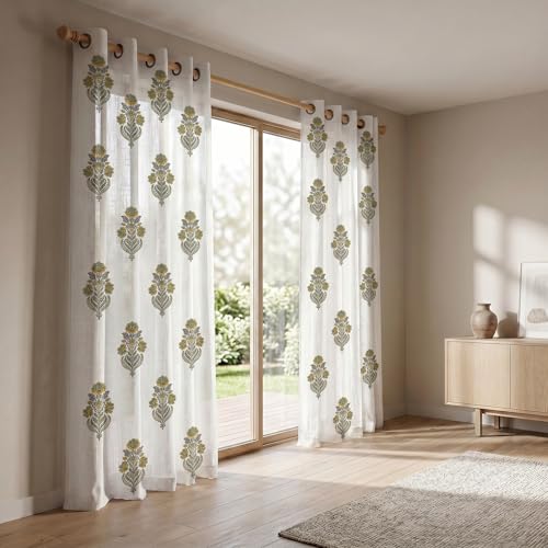 Image of LINENWALAS Decorative Cotton Linen Sheer Curtains 9 Feet for Long Door -Block Printed Door Curtain | Grommet Hanging Style Pack of 2 Panels |Light Filtering Sheer Drapes (Golden Willow)