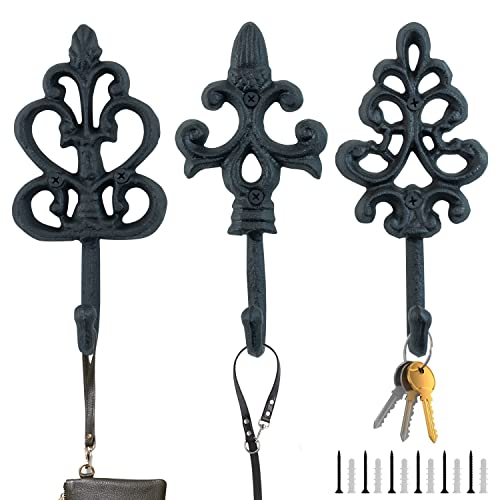Woodside Cast Iron Decorative Wall Hooks, Rustic/Vintage/Antique/Shabby Chic Large Black Hanging Hooks, Set of 3, Mounting Screws and Anchors Included, French Country Charm, 7”x3.15”