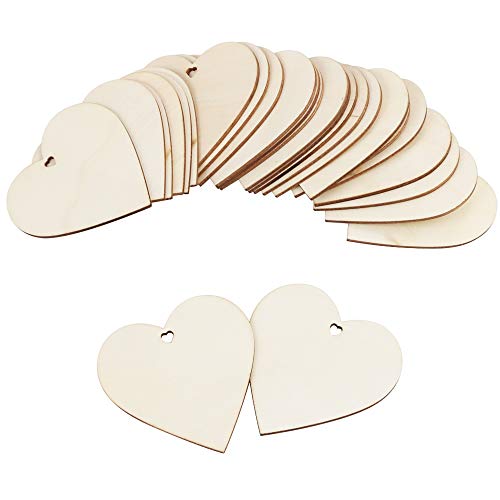 WYKOO 50 Pcs 3 Inch Natural Heart Wood Slices DIY Wooden Ornaments Unfinished Wooden Heart Embellishments with Natural Twine for Valentine\'s Day, Wedding, Thanksgiving, Home Decoration