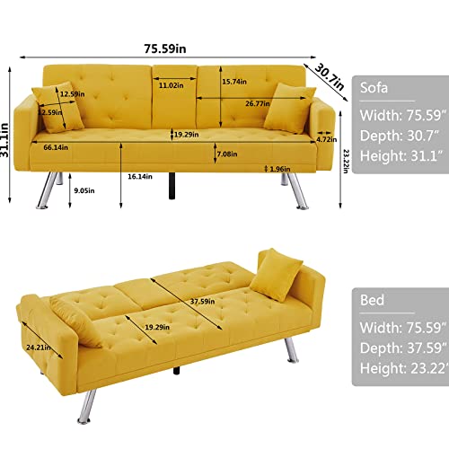 Mikibama 76 Inch Futon Sofa Bed With Cup Holders, Linen Convertible Folding Futon Couch With Adjustable Backrest And Throw Pillows For Living Room, Tufted Sleeper Sofa With Metal Legs (Yellow) #TOP6