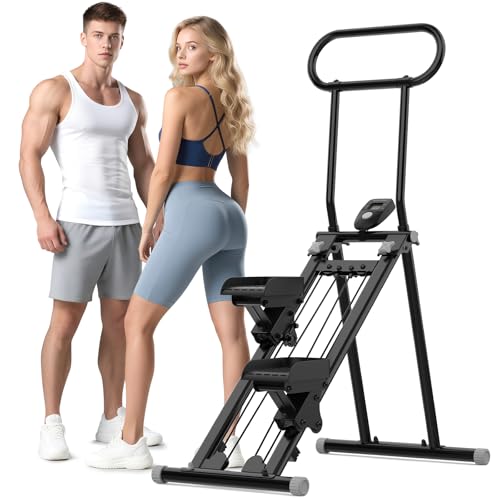 CONREDA Stair Stepper for Exercise at Home, Foldable Compact Space Cardio Vertical Climbing Stairs Machine, Stair Master with Adjustable Height Handle, Anti-Slip Pedal (Black-Gray)