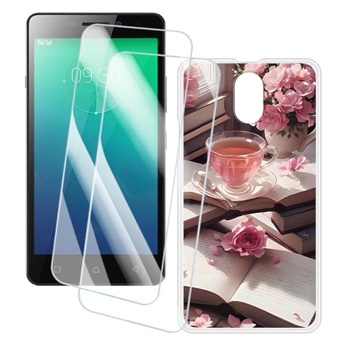 OAGELIM 2er Pack Bildschirm Schutzfolie + Hülle Kompatibel mit Lenovo Vibe P1M (5 Zoll) Künstlerisch Bedruckte Hülle & Gehärtetes Glas Kratzfest (Rosa Nachmittag)