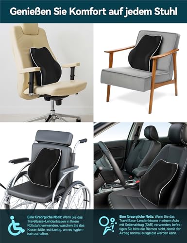 Travel Ease Ergonomisches RückenKissen aus Memory Foam, Lendenkissen für Bürostuhl, Schreibtischstuhl, mit Antistatischem, hautfreundlichem Bezug und für eine Bequeme Sitzhaltung (Schwarz)
