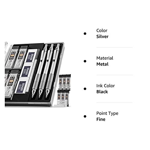 Nicpro 0.7 Mm Mechanical Pencils Set With Case, 3 Metal Artist Pencil With 6 Tube Hb Lead Refills, 3 Erasers, 9 Eraser Refills For Architect Art Writing Drafting Drawing Engineering, Sketching, Silver #TOP6
