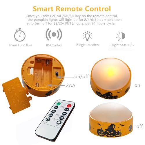 Image of CANDLE CHOICE Halloween LED Pumpkin Lights with Remote Timer Bright Flickering Battery Operated Jack-O-Lantern Electric Flameless Candles with Decals Halloween Decorations Holiday Decor 4 Pack Orange