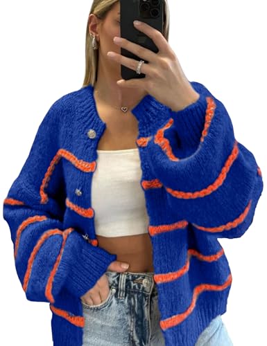 Image of QIBABU Womens Striped Cardigan Sweaters Casual Open Front Long Sleeve Button Down Knit Outwear
