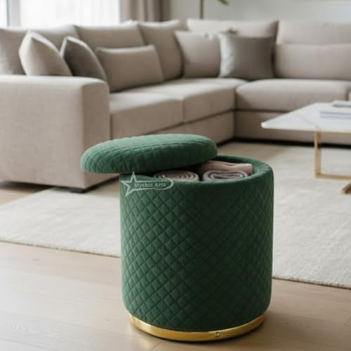 Image of Premium Round Storage Ottoman Stool 16 X 16X 19 inch, with Gold Metal Base | Luxury Pouffe with Hidden Storage | Cushioned Footrest for Living Room, Bedroom & Lounge Dark Green