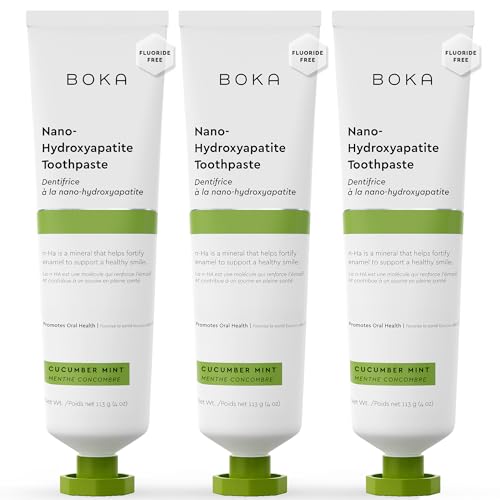 Image of Boka Fluoride Free Toothpaste, Nano Hydroxyapatite Toothpaste, Appropriate for Sensitive Teeth - for Adult, Kids Oral Care - Cucumber Mint Flavor, 4 Fl Oz 3Pk