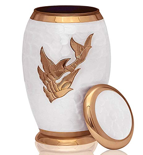 Nazareth Store Beautiful Adult Cremation Urn for Human Ashes Elegant Pearl White and Gold Wings of Love Birds, Handmade Brass Classy Finish to Honor Your Loved One - with Velvet Box