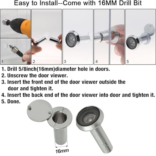 Türspion, 16mm, Spio, Verstellbare Länge, mit Weitwinkel 200 Grad und vernickelter Kappe, für 35-60mm Dicke Türen