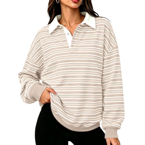 Striped Long Sleeve Polo Shirts for Women Trendy Dressy Casual Tunic Tops | Loose Fit, Office, Lightweight, Workout, Business, Holiday, Vacation, Work Blouses, Travel Outfits, Fashion Clothing 2026 - image 1