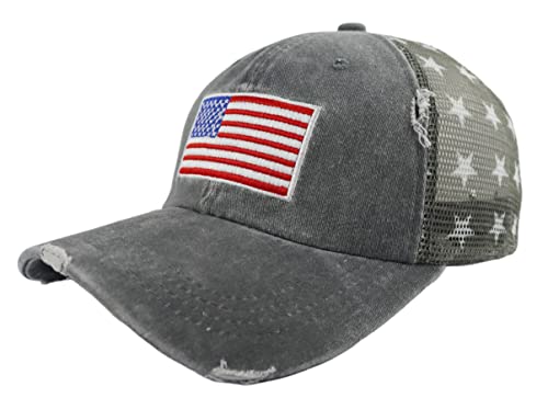 Image of American Flag Trucker Hat for Men Women, Adjustable Vintage Embroidery Washed Distressed USA Baseball Cap