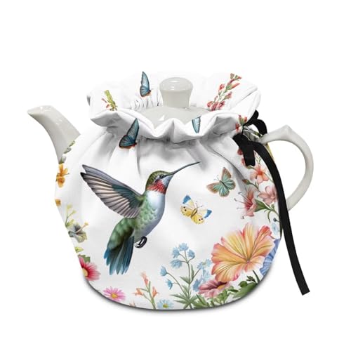Image of Hummingbird Butterfly Tea Cosy, Scratches-Proof Insulated Kitchen Teapot Dust Cover with Drawstring, Tea Pot Cozy Breakfast Warmer for Home Kitchen Table Decoration