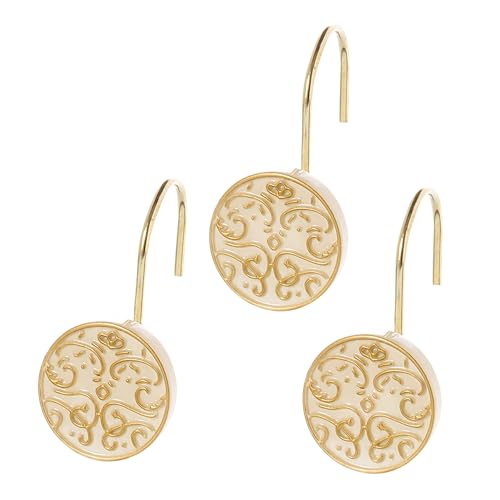 Creative Scents Shannon Decorative Shower Curtain Hooks Gold - Set of 12 Beige with Gold Shower Hooks for Shower Curtain - Sturdy Constructed Smooth Gliding Shower Rings for Curtain