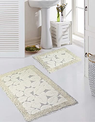 Th TeppichHome24 Badezimmerteppich Set 2-teilig Blätter Design Creme rutschfest & waschbar Größe 50x60cm + 60x100 cm