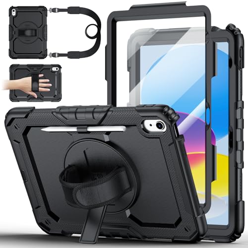 Case for iPad (A16) 11th Generation 11 Inch (2025), Ubearkk for iPad 10th Generation 10.9 inch 2022 case with Screen Protector, 360 Degree Rotating Stand/Adjustable Shoulder Strap/Pencil Holder, Black