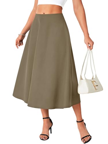 Rooscier Women's Basic High Waist Elastic Back Zipper Side Flare A-Line Midi Skirts