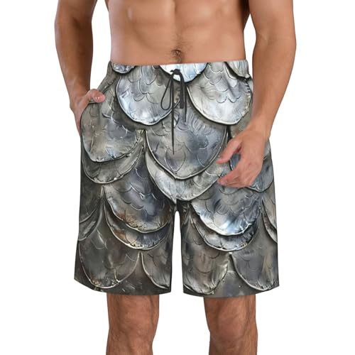 Trajes De Baño Impresión De Escamas De Pez Plateado Bañador Corto Transpirable Bañador Hombre Protección UV Drawcord Pantalones Cortos para Verano, Natación, Gimnasio 3XL