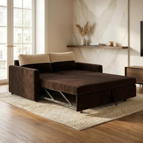 Image of SOCOZI Enrique 2 Seater Sofa Cum Bed | Soft Velvet Suede Fabric | Modern Convertible Design | Plush Comfort Seating for Living Room (Dark Brown)