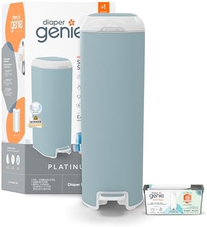 Diaper Genie Platinum Diaper Pail, Blue - Made in Durable Stainless Steel and Includes 1 Easy Roll Refill with 18 bags