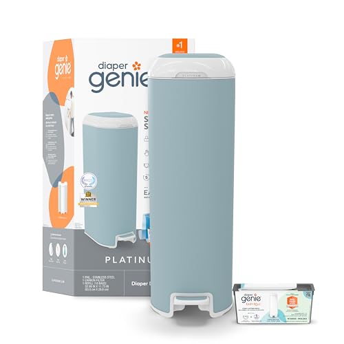 Diaper Genie Platinum Pail (Glacial Blue) is Made in Durable Stainless Steel and Includes 1 Easy Roll Refill with 18 Bags that can Last up to 5 Months. by Diaper Genie - Used condition - US$78.80