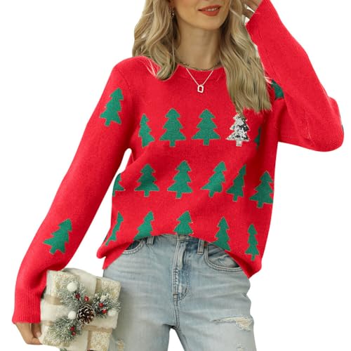 Christmas Sweater Round Neck Reindeer Snowflakes Knitted Warm Sweater Pullover Women High Neckline Sweater for Unisex (Red S)
