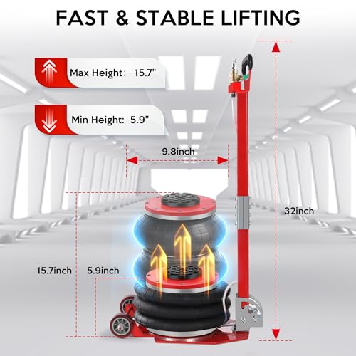 Rengue Air Jack 3 Ton 6600lbs Pneumatic Jack with Grip Guard, 3s Fast Lifting Height Up to 15.7 Inch, Air Jacks for Cars with Adjustable Long Handle Heavy-Duty Triple Bag Air Jack Red