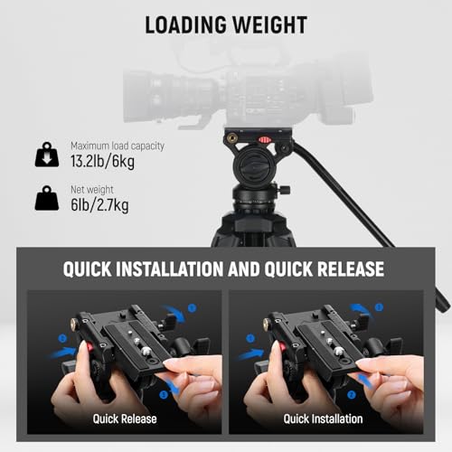 Image of NEEWER Video Tripod with Fluid Head, Heavy Duty Aluminum Compact Portable Camera Tripod Stand for DSLR Camcorder Compatible with DJI Gimbals Compatible with Manfrotto QR Plates, Max Load 13.2 lb, TP73